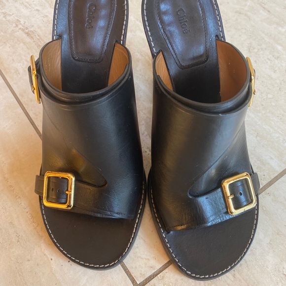 Chloé Chunky Heel Gold Buckle Calf Skin Mule - Picture 5 of 6